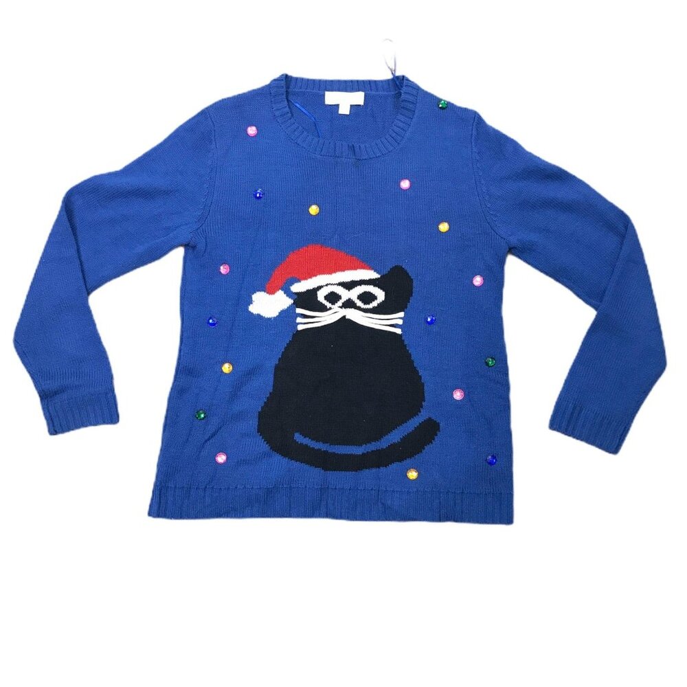 Carolyn Taylor XL Christmas Cat Sweater Blue Long Sleeve Pullover Crew Neck
